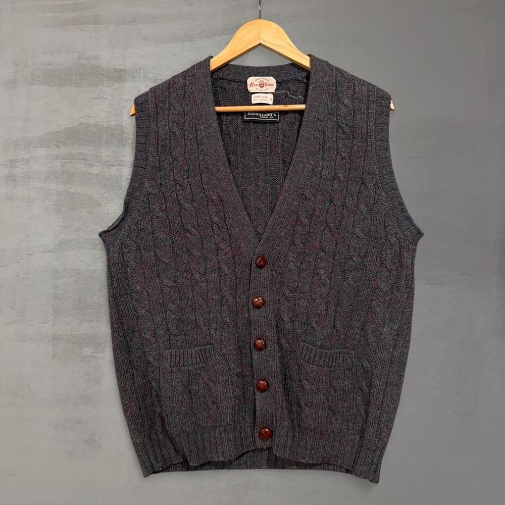 Vinatge Alan Paine Cardigan Vest Charcoal Grey Cable Knit Shetland Wool 42